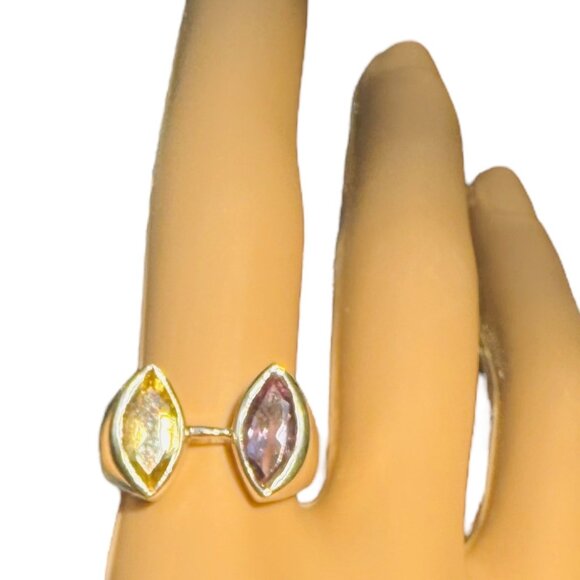 Citrine & Amethyst Gemstones 925 Silver Vintage Bypass Ring Size 7.75 - Picture 10 of 11